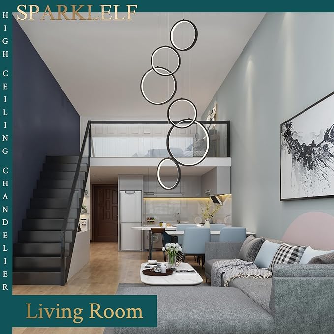 6 Rings Modern LED Chandelier for High Ceiling Dimmable Black Contemporary Pendant Light Fixture Long Foyer Chandelier for Entryway Staircase Dining Room Living Room, 3000-6500K