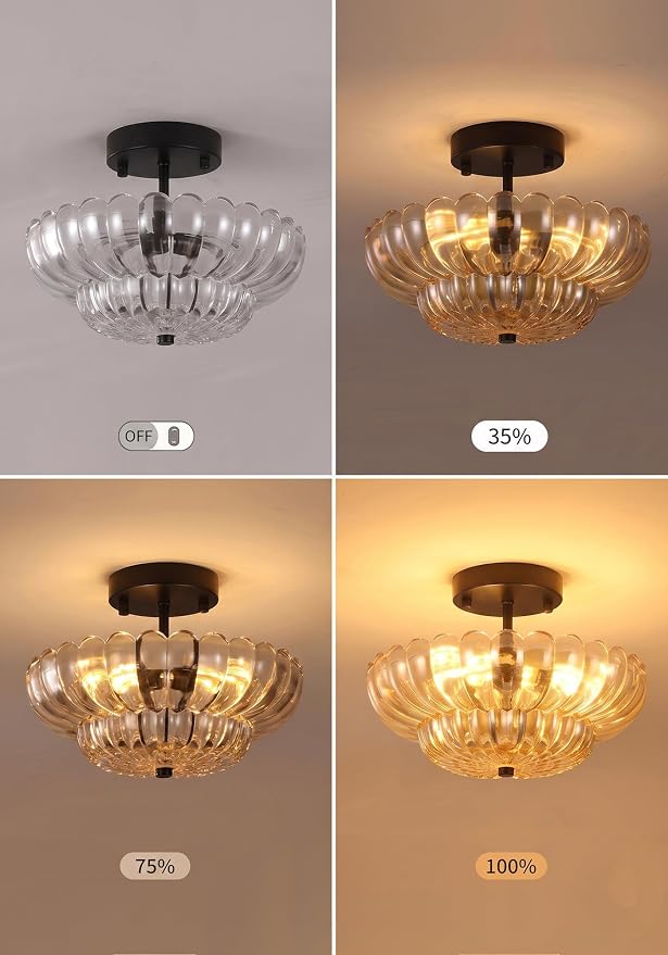 Semi Flush Mount Ceiling Light, Vintage Black Close to Ceiling Light Fixture with Glass Shade, Mid Century Modern Lighting for Bedroom Hallway Kitchen Laundry-Clear