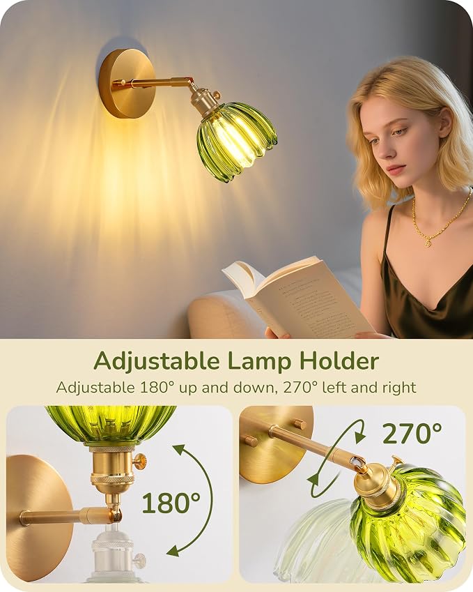 EDISHINE Vintage Brass Wall Sconces with Adjustable Green Tulip Glass Shade | Hardwired, 180° & 270° Adjustable, Rotary Switch, Vintage & Modern, E26, Ideal for Bathroom, Bedroom, Hallway
