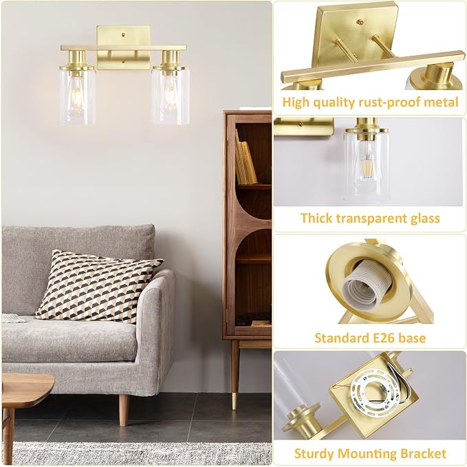 2-Light Gold Bathroom Vanity Light,Brushed Gold Bathroom Light Fixtures Over Mirror with Clear Glass Shade,Modern Wall Sconces Lighting for Kitchen Living Room Cabinet Hallway