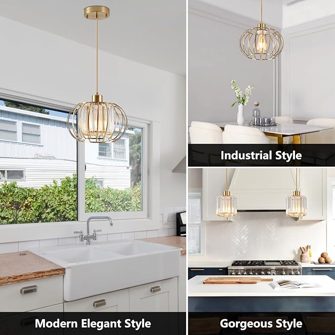 Gold Pendant Light Fixture, Modern Crystal Pendant Lights Kitchen Island, 1-Light Farmhouse Mini Chandelier, Adjustable Brass Hanging Light Fixture for Hallway, Bedroom, Dining Room