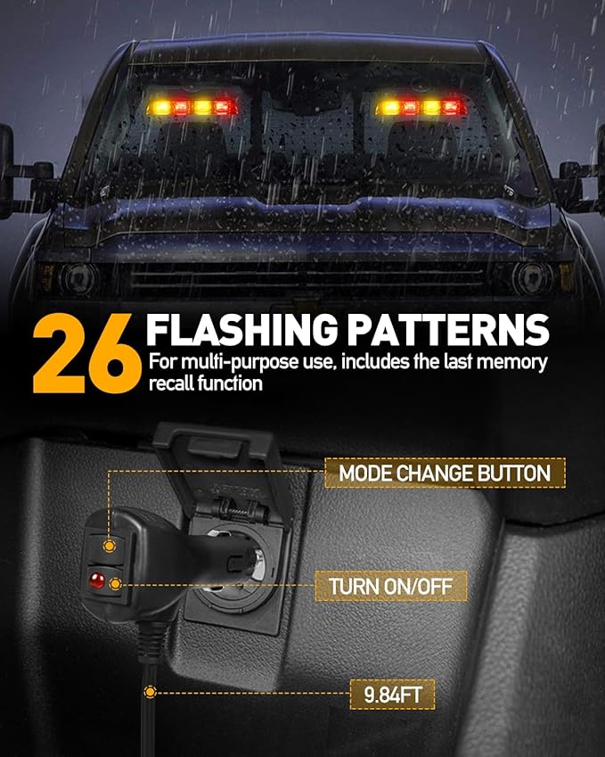 HLauto 2002L Emergency Dash Strobe Lights: Amber Red Safety Lights, Flashing Warning Hazard Windshield Visor Traffic Light Bars for Trucks, Construction Vehicles (2x8.5 inch, 48LED)
