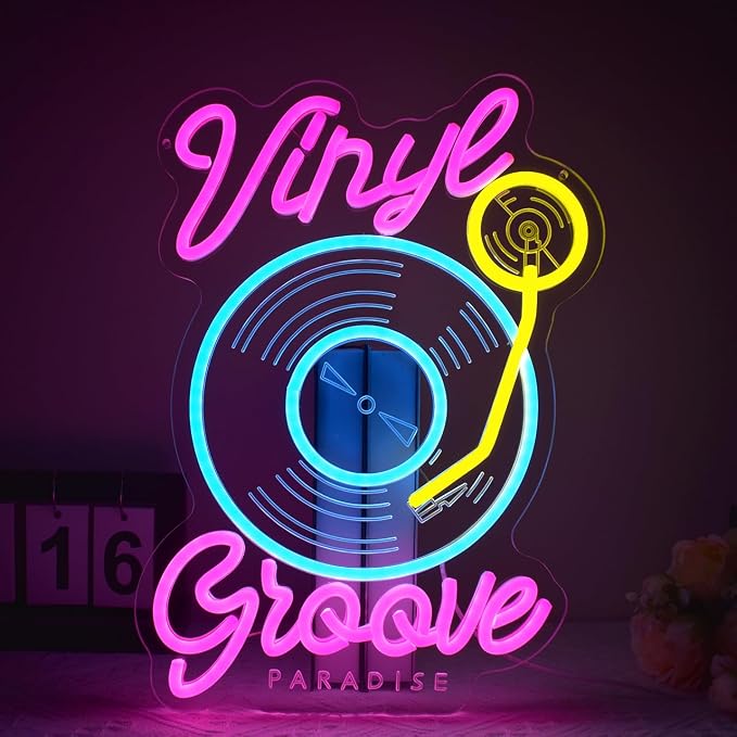 Vinyl Record Groove Neon Sign Music Neon Sign for Wall Decor, Dimmable LED Neon Light for Studio Bedroom Bar Man Cave, Retro Music Wall Art Gift for DJ or Music Lover