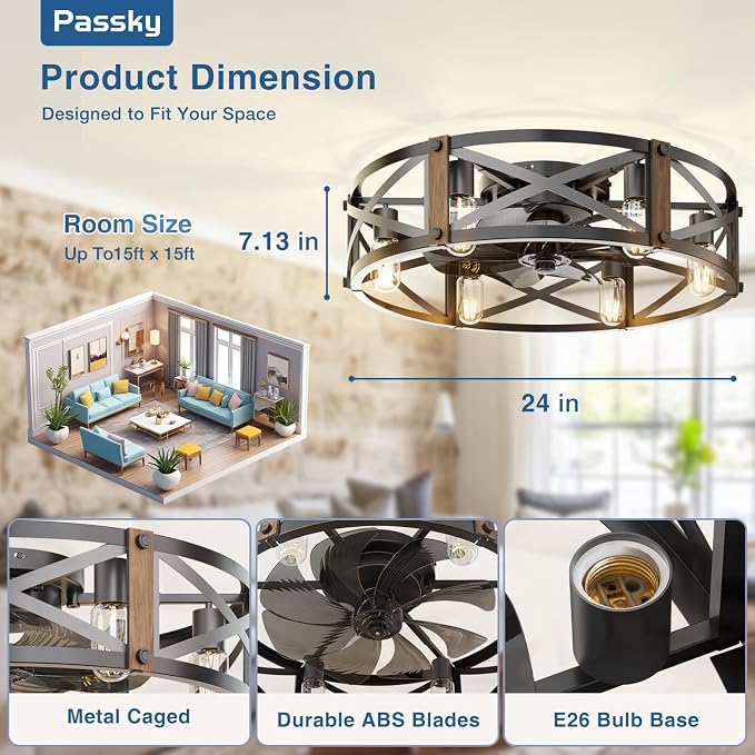 Passky 24" Caged Ceiling Fans with Lights and Remote, Low Profile Fandelier | Reversible DC Motor, 1/2/4/8H Timer, 6 Speeds, Farmhouse, Quiet Operation, 6 E26 Sockets, For Bedroom, Kitchen, Dining Room