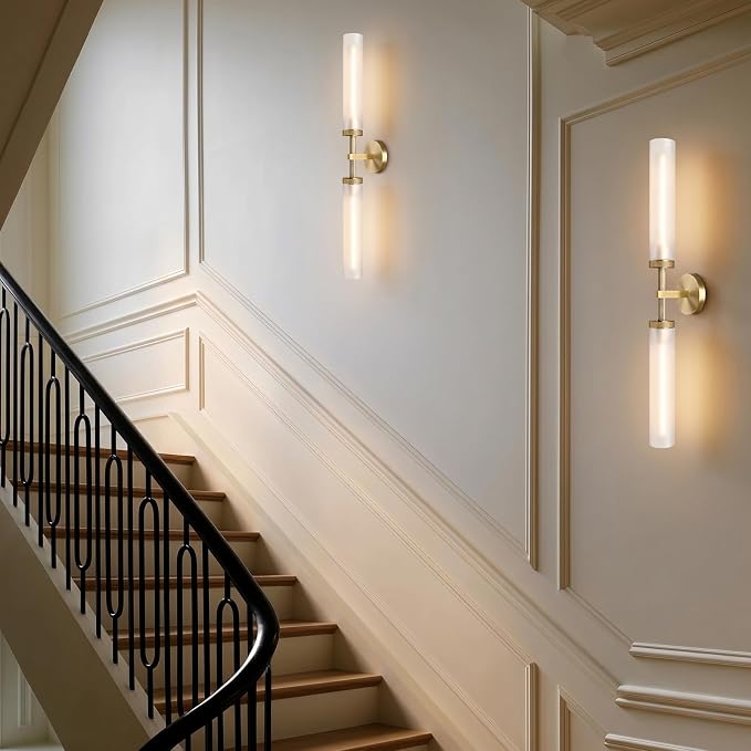 2Pc 30" Knurled Brass 2 Light Wall Sconces, Long Modern Hardwired Bathroom Vanity Light, Frosted Glass Tube Linear Wall Light Fixtures, for Mirror,Bedroom,Living Room,Hallway