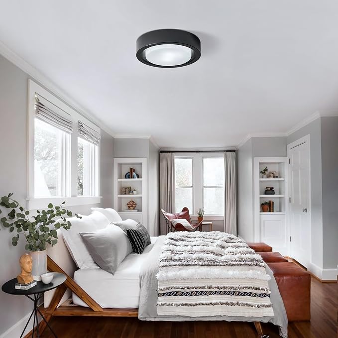 Black Flush Mount Ceiling Light,13 Inch Matte Black Ceiling Lighting Fixture,2-Light Modern Round Metal Lamp with White Frosted Glass Shade for Hallway Bedroom Closet Outdoor