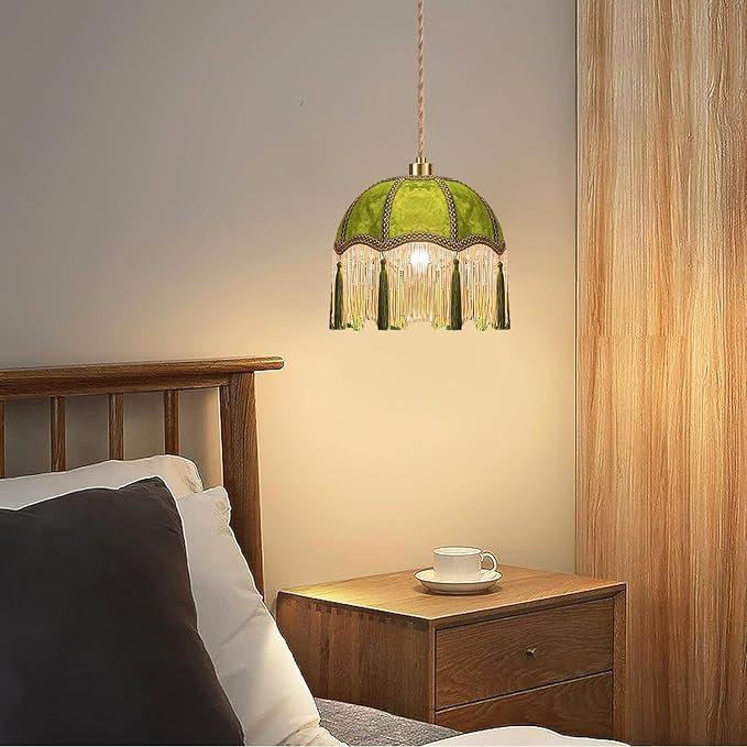 QIYIZM Plug in Pendant Light Boho Hanging Lights with Plug in Cord Fringe Green Hanging Lamp Gold Mid Century Modern Vintage Dimmable Tassel Flower Retro Plug in Chandelier Ceiling Fixture Victorian
