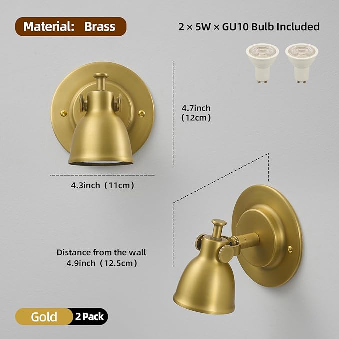 Gold Wall Sconces Set of 2 Hardwired - Brass Vintage Dimmable Indoor Small Bell Lights Fixtures Decor Set of Two for Bathroom Vanity Bedroom Bedside Hallway Living Room Kitchen Picture Lamp