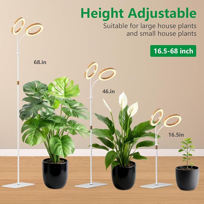 SDOVUERC Full Spectrum Grow Light with Stand for Indoor Plants, Floor Plant Light, 6/12/18H Timer, 3 Color Modes, Adjustable Height 16.5–68in, for Large Plants & Home Décor(2 Heads,Faux Wood Grain)