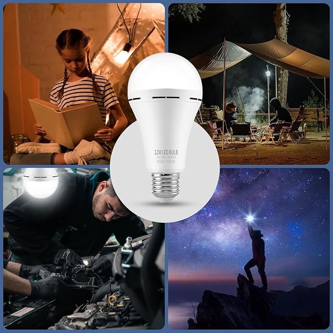 Rechargeable Emergency LED Light Bulbs for Home Power Failure | Listed Battery Operated Light Bulb Power Outage Camping Reading Lighting Hurricane 12W 800LM E26 2 PK (Daylight)