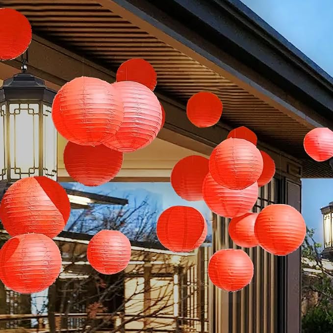 12Pcs 6,8,10,12 Inch Mixed Sizes Red Paper Lanterns Decorative Chinese, Japanese Hanging Round Paper Lanterns Lamp for Birthday, Wedding, Christmas, Bridal, Home Decor, Party Decoration