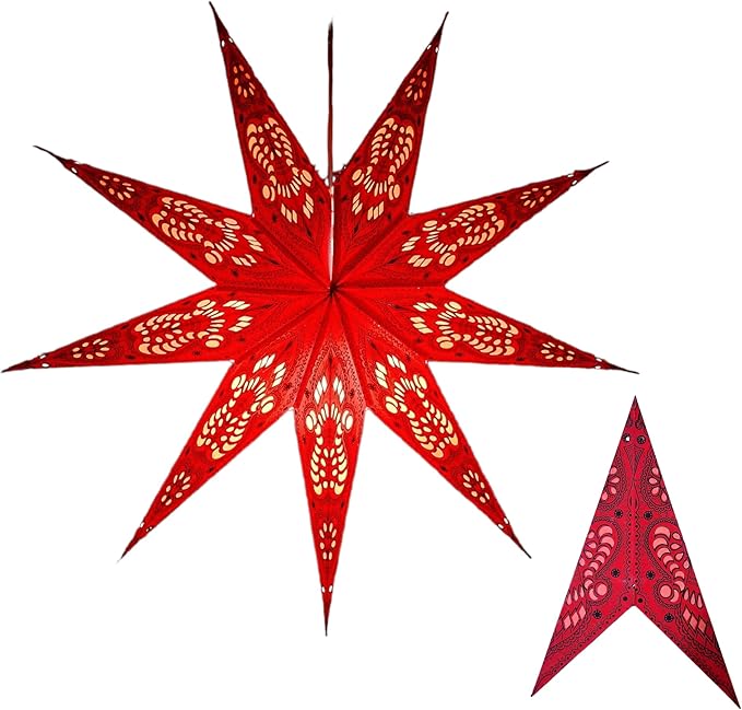 Lantern Lampshade 9 Pointed Paper Star Light Shades Large 60cm Star Hanging Decorations for Christmas Wedding Home Decoration Birthday Party (Red, Black)