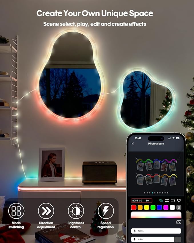 Color Changing Globe String Lights, 49ft Smart RGB-IC Fairy Lights with Remote & APP Control, Mini Ball LED Twinkle Lights Hanging for Indoor Bedroom Living Room Party Christmas Decor