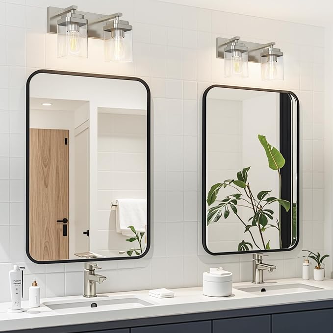 Brushed Nickel Bathroom Light Fixtures, 2 Lights Bathroom Lighting Fixtures Over Mirror, Square Design & Rectangle Large Backplate, Modern Vanity Lighting Fixtures, for Living Room/Bedroom
