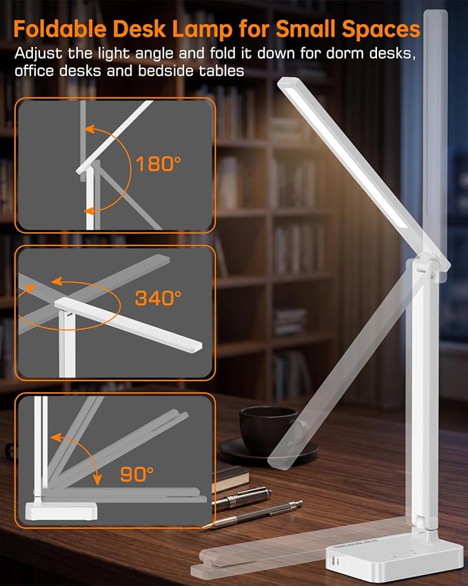 LED Desk Lamp for Dorm Office, USB-C & 2 AC Outlets Charging, White | LED Desk Lamps for Home Office with 2 USB Charging Ports(1 USB-C), 2 AC Outlets, Foldable Small Desk Lamp for Study Reading