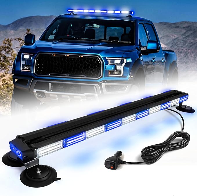 42" Emergency Traffic Advisor Light Bar Roof Top Emergency Strobe Light Bar Double Side Safty Flashing w/Magentic Mount for Construction Vehicles Plow Tow Trucks Pickup, Blue/White