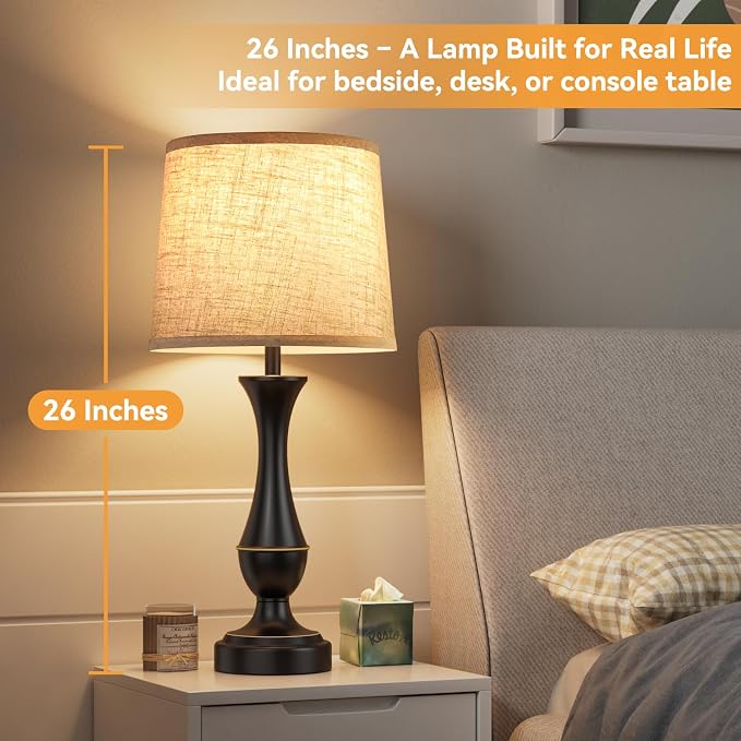 Touch Lamps for Nightstand, 3 Way Dimmable Lamps for Bedroom with USB C+A | Touch Control, USB C+A Charging Ports, Table Lamps for Living Room, Night Stands, Bedside, Bedroom, Bulb Included, Black