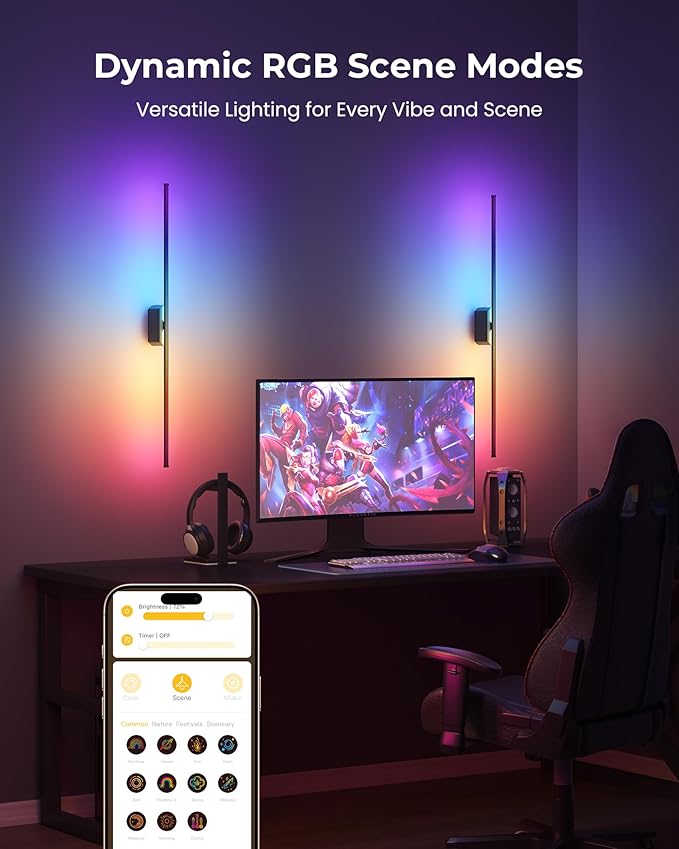40 Inch Battery Operated Wall Sconces Set of 2, 12000mAh Rechargeable Smart Wall Lights with APP Control & Remote, Color Changing, Music Sync, Scene Modes, Wireless Wall Lamps for Living Room, Bedroom