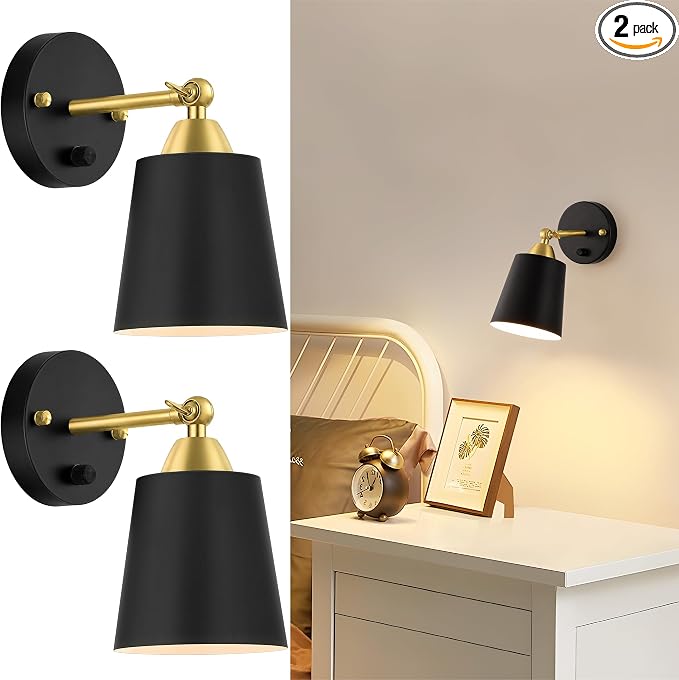 Dimmable Wall Sconces Set of 2, Wall Mounted Bedside Lamps with Rotary Switch, Black & Gold Sconces Wall Lighting, Bathroom Light Fixtures with Metal Shade, Wall Lights for Bedroom Living Room