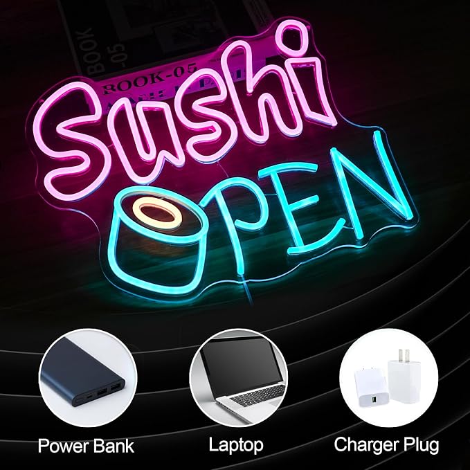 Sushi Open Neon Sign for Wall Decor - Dimmable LED Open Sign for Business - USB Powered Light for Sushi Shop, Restaurant, Kitchen, Home Decor