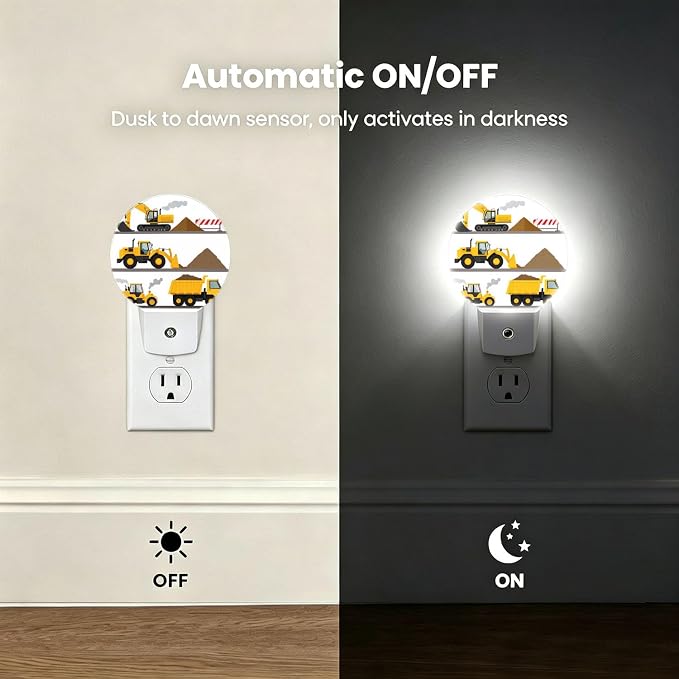 Nightlight Construction Yellow Cartoon Plug-in Night Lights Dusk to Dawn | Excavator Digger Night Light LED Round Lamp with Auto on/off Sensor for Kitchen Hallway Bedroom Bathroom