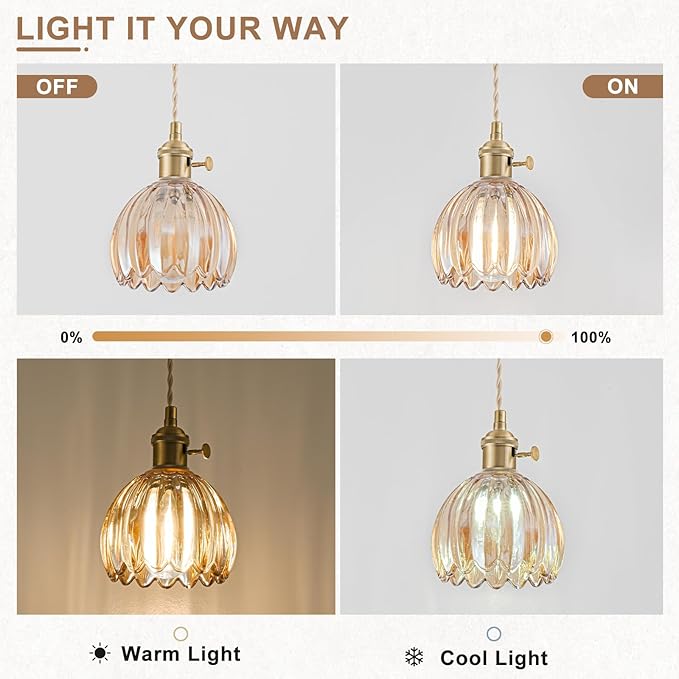 Mini Pendant Lights Kitchen Island 2 Pack, Small Adjustable Pendant Light Fixture with Amber Tulip Glass Lampshade, Vintage Gold Pendant Lighting, Pendant Light for Bedroom Dining Room Hallway