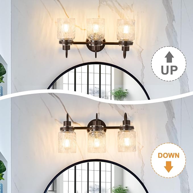 3 Lights Hammered Glass Bathroom Vanity Light, Oil Rubbed Bronze | Easy Installation,Up or Down,Farmhouse Modern Style,E26 Socket,ETL Certification
