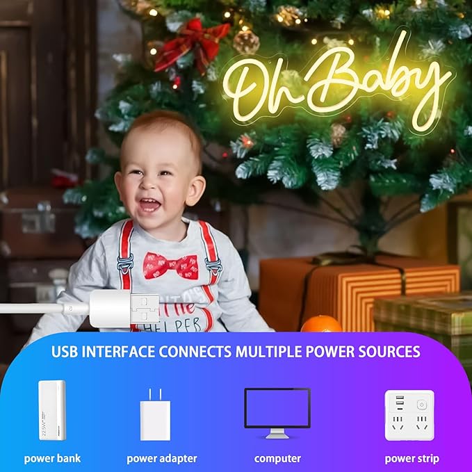 Oh Baby Neon Sign for Backdrop, Baby Shower LED Neon Lights for Wall Decor Dimmable Light Up Sign for Gender Reveal, Birthday Party Decoration, Warm White (16.9"*8.2")