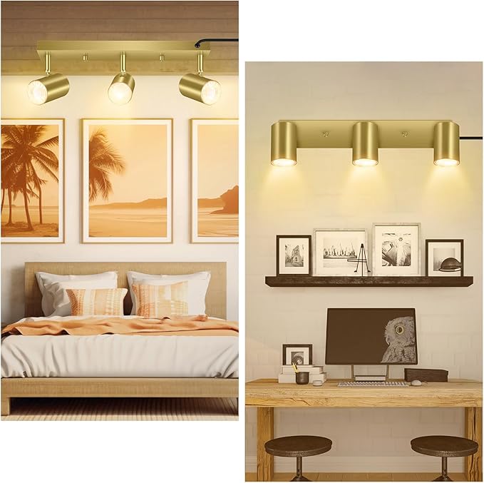 3 Light Track Lighting Kit,Gold 3 Way Modern Plug in Ceiling Spotlight,Industrial LED Wall Light for Kitchen Cabinet Gallery Bar Hallway Living Room,Rocker Switch,15 Foot Cord(No Bulb)