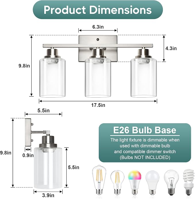 Ascher Bathroom Light Fixtures, 3-Light Vanity Light Over Mirror, Brushed Nickel Wall Sconces with Clear Glass Shades, Wall Lamp for Living Room Bedroom, E26 Base(Bulbs Not Included)