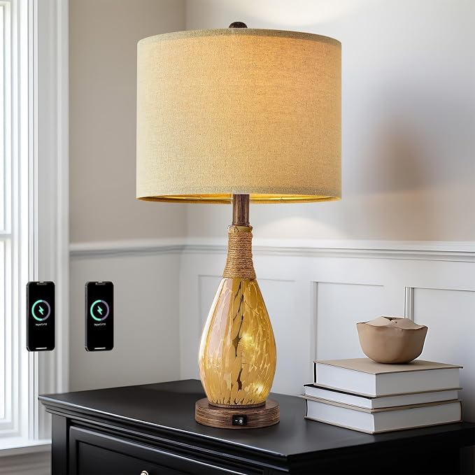 23" USB A+C Table Lamp for Bedroom Living Room Modern Bedside Lamps Retro Farmhouse Rattan Glass Nightstand Nightlight Lamps (Amber),Two Light Points