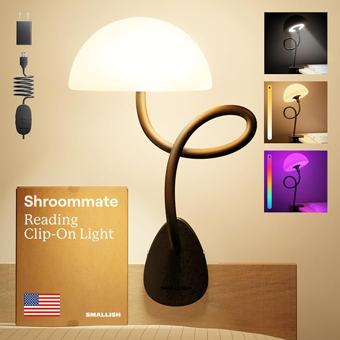 Shroommate Clip On Light for Dorm Room - 2.0 (Black) | Bed Headboard Lamp, Bedside Table Lamp Dorm, College Dorm Room Essentials, Night Light Kids Nursery, MultiColor LEDs