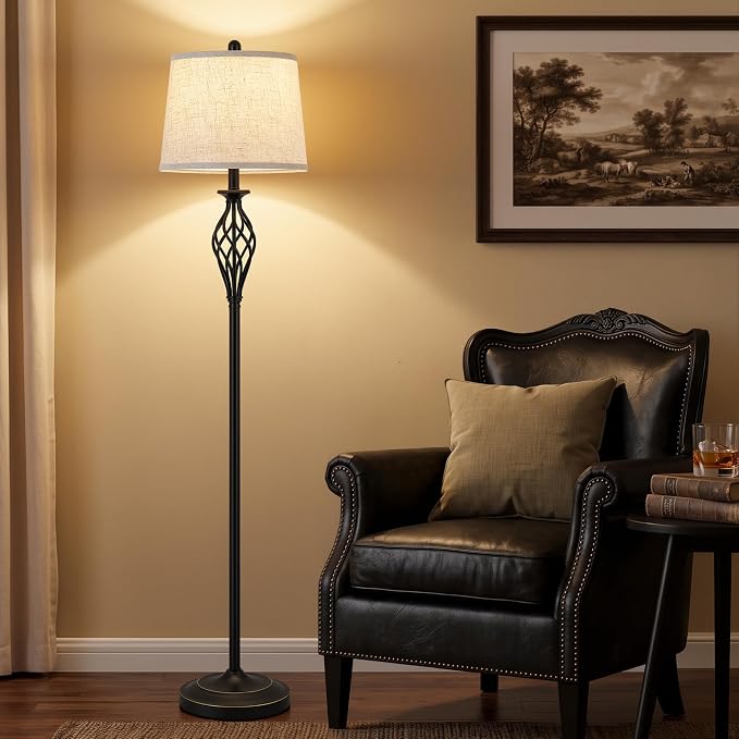EJIAXIN Floor Lamps for Living Room - 62" Farmhouse Vintage Standing Lamp for Bedroom with Adjustable Color Temperatures,Black Tall Lamp with Linen Shade,Reading Light for Home Office,Bulb Included