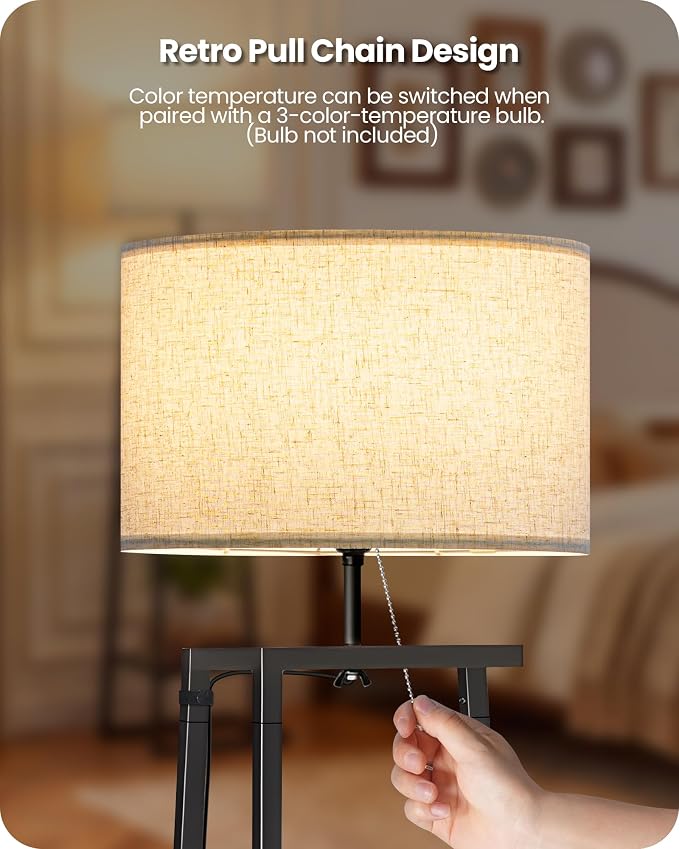 Floor Lamp with 3-Tier Storage Shelves, Standing Floor Lamp with Pull Chain Switch, Industrial Shelf Floor Lamp for Living Room, Bedroom, Office,Bulb Not Included, Black and Beige BE34LD05