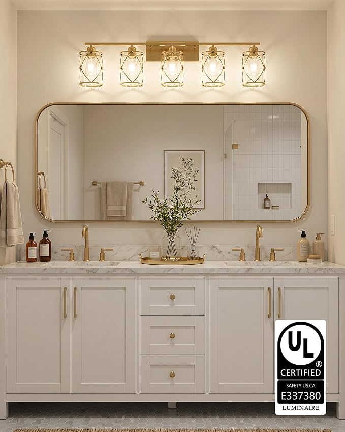 5-Light Brushed Gold Bathroom Light Fixtures Over Mirror, 38" UL-Listed Modern Wall Sconce Lights with Clear Glass and Metal Cage for Bath, Hardwire E26, CH9176BG-5W