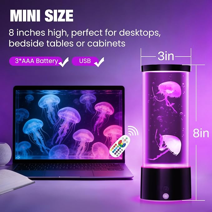 Mini Jellyfish Lamp with Remote, 17 RGB Colors & 4 Lighting Modes, Silent Water Flow Aquarium Night Light, USB-C or Battery Powered Decorative Mood Lamp for Home & Office