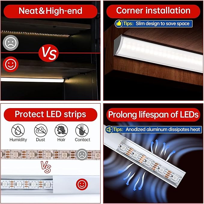 V-Shape Under Cabinet Lighting Kit - 4pcs 12" Dimmable Slim LED Light Bars for Showcase Shelf Seamless Illumination - 1200lm, 12W - Warm White 3000K
