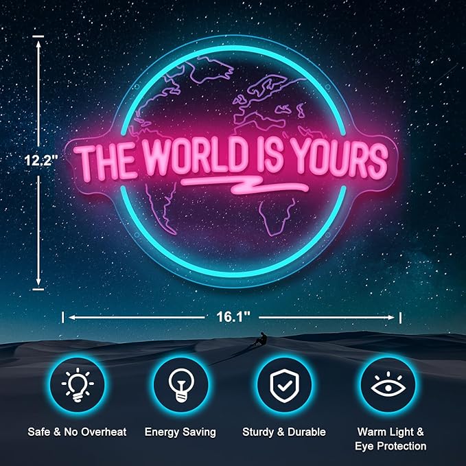 The World Is Yours Neon Sign Carved Planet The World Is Yours LED Neon Light Lamp for Wall Decor Light Up Signs for Office Wedding Man Cave Game Room Bedroom Birthday Gift 41CM*31CM