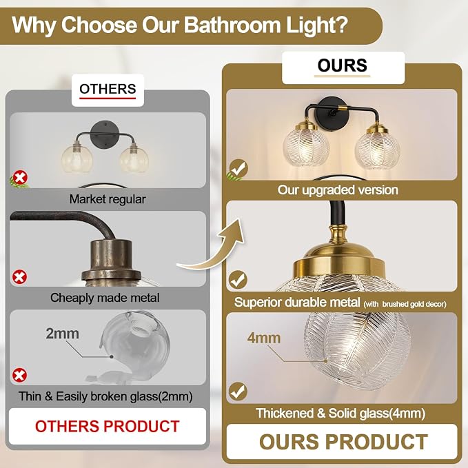 MOKATNG Bathroom Light Fixtures, 2-Light Clear Vanity Lights with Unique Leaf Texture Glass Shade, Modern Matte Black and Gold Bathroom Wall Lamp for Mirror Hallway Cabinet Living Room