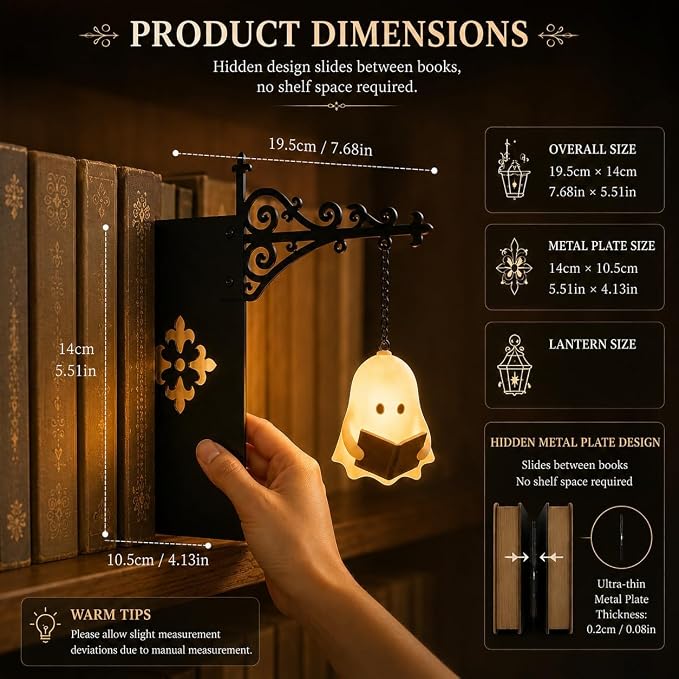 Library Lantern Bookshelf Lamp, Ghost Bookshelf Lantern with Warm LED Nightlight, Mini Nook Light for Bookshelf, Decorative Table Desk Luminaire, Halloween Bookshelf Decor for Book Lovers