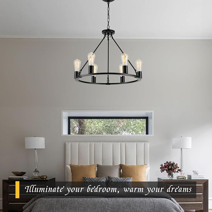 Black Chandelier, 6-Light Dining Room Light Fixture, Round Farmhouse Wagon Wheel Chandeliers for Dining Room Living Room Entryway Kitchen Island Dia 24"