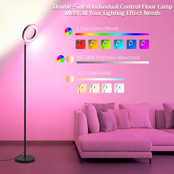 42W Dual-Sided Floor Lamp, RGB Color Changing LED Standing Lamp with Remote, Stepless Dimmabe Warm/Neutral/Cool Floor Light, Modern Torchiere Tall Lamps for Living Room Bedroom Gaming Party