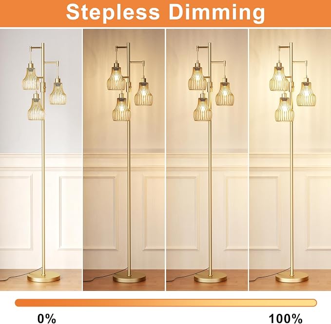 Ziisee Dimmable Gold Floor Lamps for Living Room, 70" Farmhouse Tree Standing Tall Lamps with 3 Elegant Cage Shade & 800 Lumens LED Bulbs for Bedroom Office