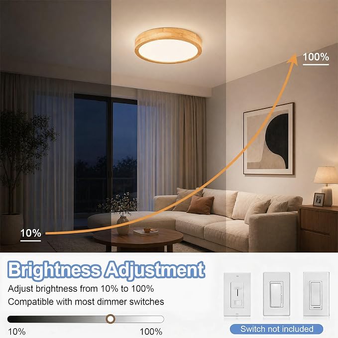 Pevfah Modern Dimmable 15.74 in Wood Flush Mount Ceiling Light, 5CCT LED Round Close to Ceiling Lighting Fixtures, Minimalist Ceiling Lamp for Bedroom, Kitchen, Hallway, Laundry Room