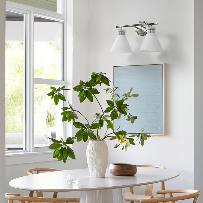 WOSHITU Bathroom Vanity Light Fixtures - Brushed Nickel Bathroom Lighting Fixtures Over Mirror 2-Lights with Modern Milky White Frosted Glass Shade, Mid Century Wall Light 17.3in (Exclude E26 Bulb)