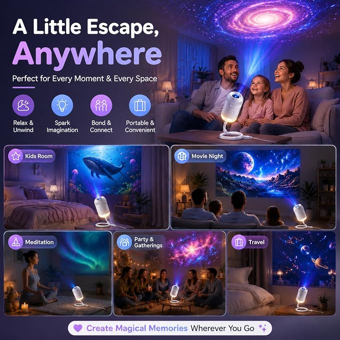HD Smart Dynamic 5D Holographic Night Light Projector, 2-in-1 HD Plug and Play Galaxy Projector Portable Night Light Projector 360 Rotating USB Powered with 24 Films for Bedroom (24 Films)