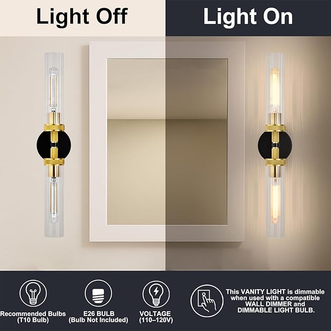 LaLuLa Black and Gold Vanity Light Fixtures 2-Pack – Modern Hardwired Dual-Light Wall Sconces with Rippled Glass Shades, Textured Metal Bathroom Lighting for Over Mirror or Hallway, 25" Height