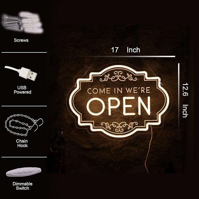 Open Neon Sign 17"x12.6", USB Powered LED Light for Store Decor | Come in we're Open Welcome Light for Restaurants, Cafes, Shops, Bars and Home Decor