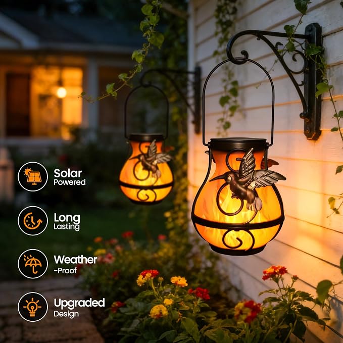 4 Pack Solar Lanterns Outdoor, Hummingbird Plastic Flickering Flame Lights, Hanging Solar Lantern Waterproof for Patio, Porch & Garden Decoration, Gifts for Women, Mom