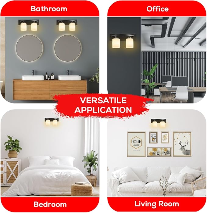 Hollywood Style Modern Wall Mount Lighting, Bathroom Vanity Light Bar, Interior Fixtures with Modern Glass Shade, Lights Over the Mirror (Matte Black, 2-Lights)